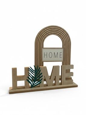 Wooden 'HOME' Tabletop Sign with Green Leaf Accent